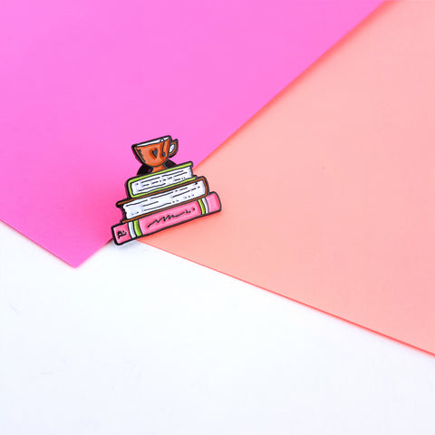 books and tea enamel pin